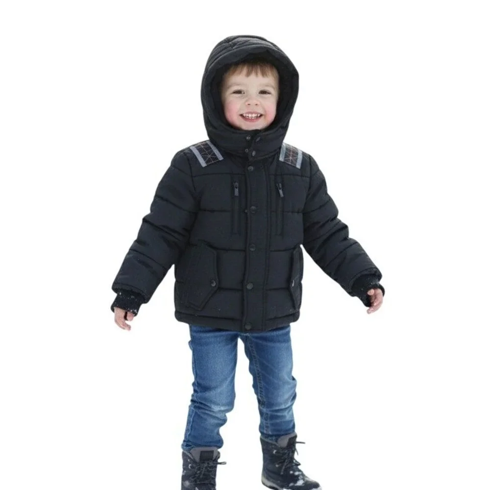 DKNY Puffer Jacket Boys Size 4 Black Hooded Winter Coat Warm Quilted Nylon